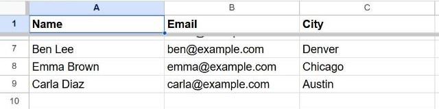 Frozen header row Name, Email, City staying visible above row 7 after scrolling down