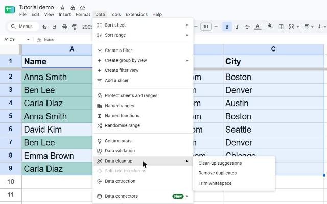 Google Sheets Data menu open with Data clean-up and the Remove duplicates option highlighted